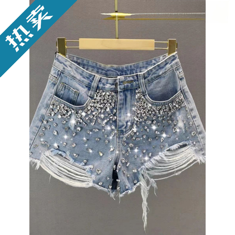 European Style Ripped Wide-Leg Denim Shorts for Women, New Summer High-Waisted Loose Slimming Hot Pants with Rhinestones European Style Ripped Wide-Leg Denim Shorts for Women, New Summer High-Waisted Loose Slimming Hot Pants with Rhinestones