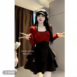 大码学院风蝴蝶结打底上衣女春秋胖mm束腰短裙甜美气质显瘦两件套