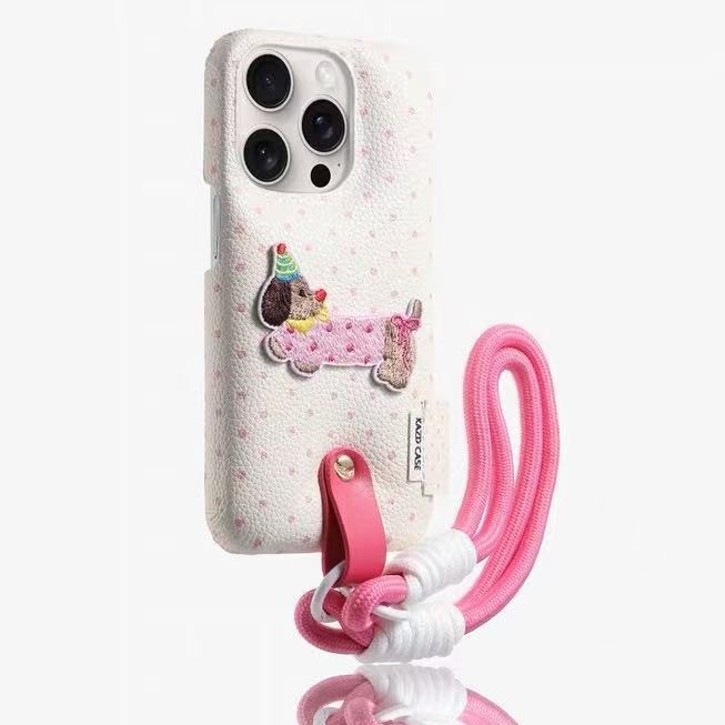 Bordado de dibujos animados cachorro color sólido lunares para 16ProMax bolsa de batería 15 funda para teléfono 13 Apple 14 pareja 15PM