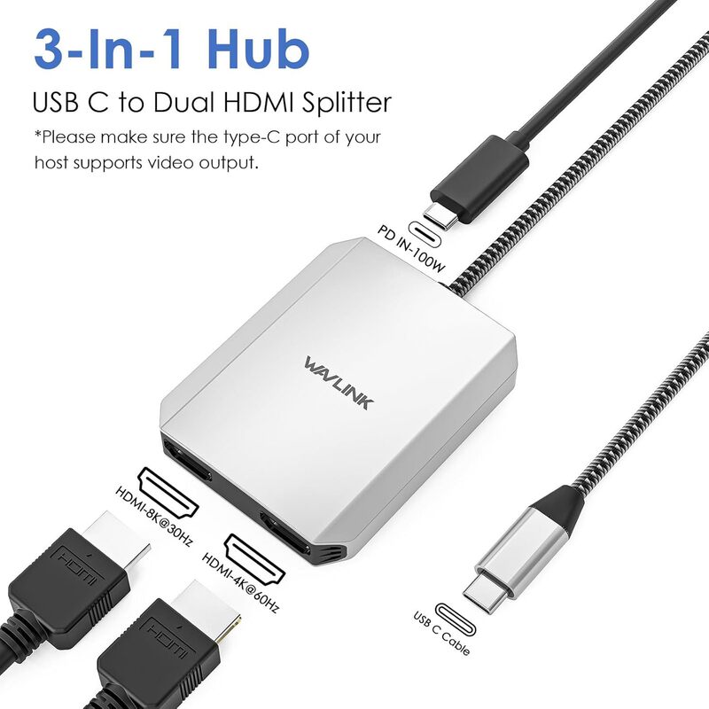 Wavlink 95W Pd Charging USB C to Dual HDMI Adapter Dual 4K@60Hz HDMI Adapter