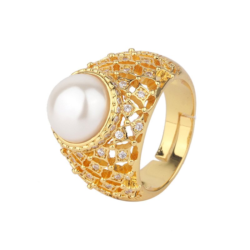 Zhuang Sheng joyas de cobre inferior chapado en oro con incrustaciones de perlas de Concha de Oro Blanco Perla Vintage anillo de diamante hueco 10mm