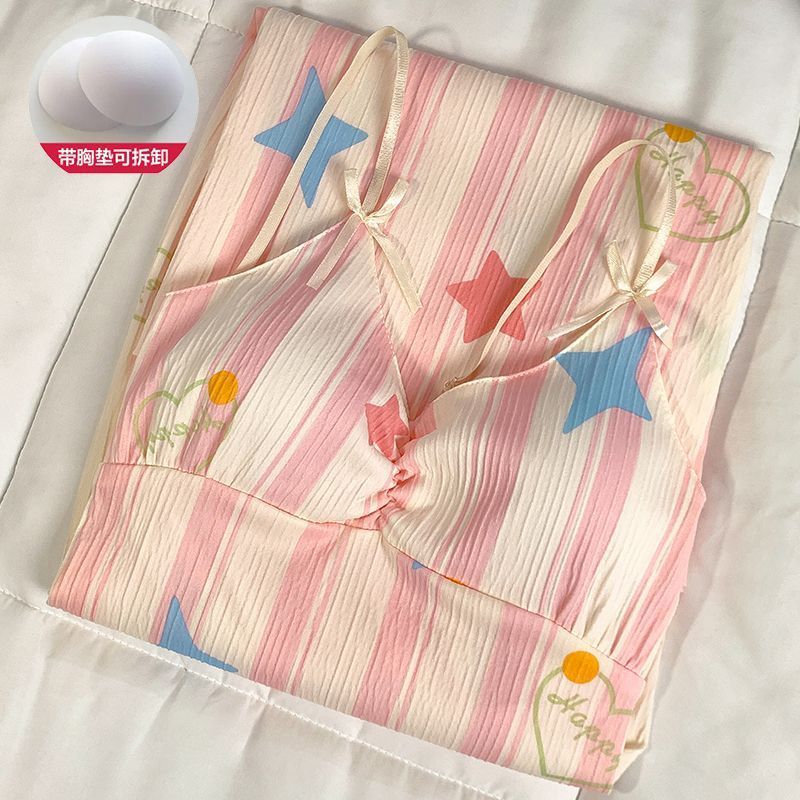 Venta al por mayor transfronteriza de tela arrugada de algodón de imitación de verano con almohadilla para el pecho, camisón, camisón, servicio a domicilio, pijamas de mujer, impresión fresca de comercio exterior