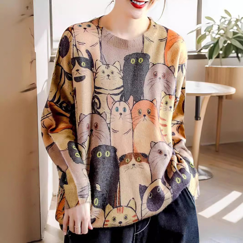 Autumn and Winter Plus Size Sweater with Cartoon Pattern, Pullover Top, Loose and Casual Cat Design, Fashionable Round Neck Knit Mid-Length Style