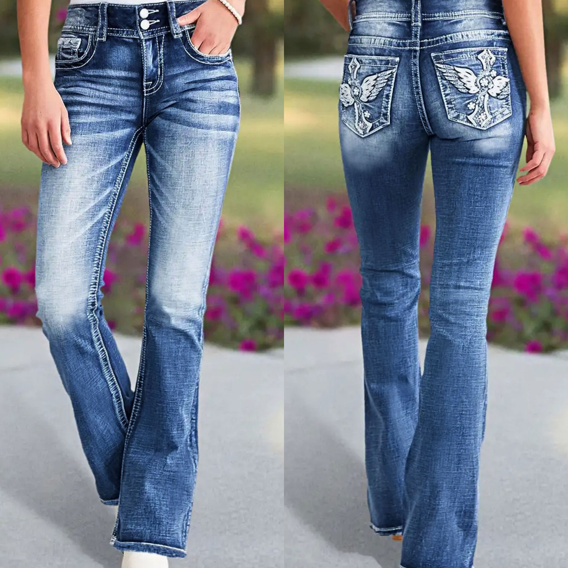 跨境TEMU亚马逊独立站新款时尚百搭弹力显瘦刺绣微喇裤牛仔裤女士