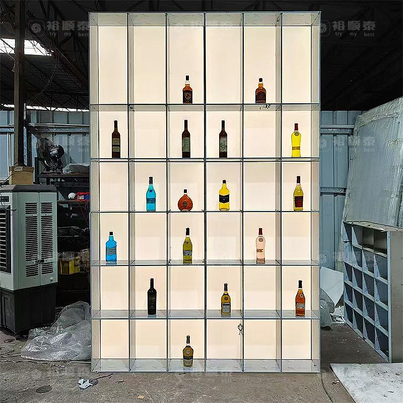 High-End Stainless Steel Luminous Wine Cabinet, Winery Tobacco and Wine Display Cabinet, Restaurant Background Wall Sideboard, Metal Wine Cabinet