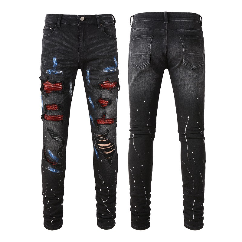 thumbnail for High Street Trendy Brand Cross-border Jeans Black Ripped Patch Red Diamond Elastic Retro Pants Men&#039;s 8616