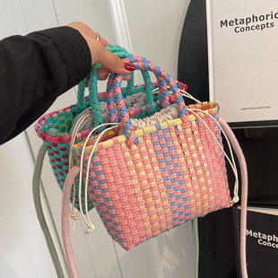 Small handheld shoulder bag, basket handmade, woven straw beach children's bag PVC