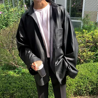 【清仓】韩版皮衣服男潮流帅气宽松衬衫软皮夹克oversize外套秋季