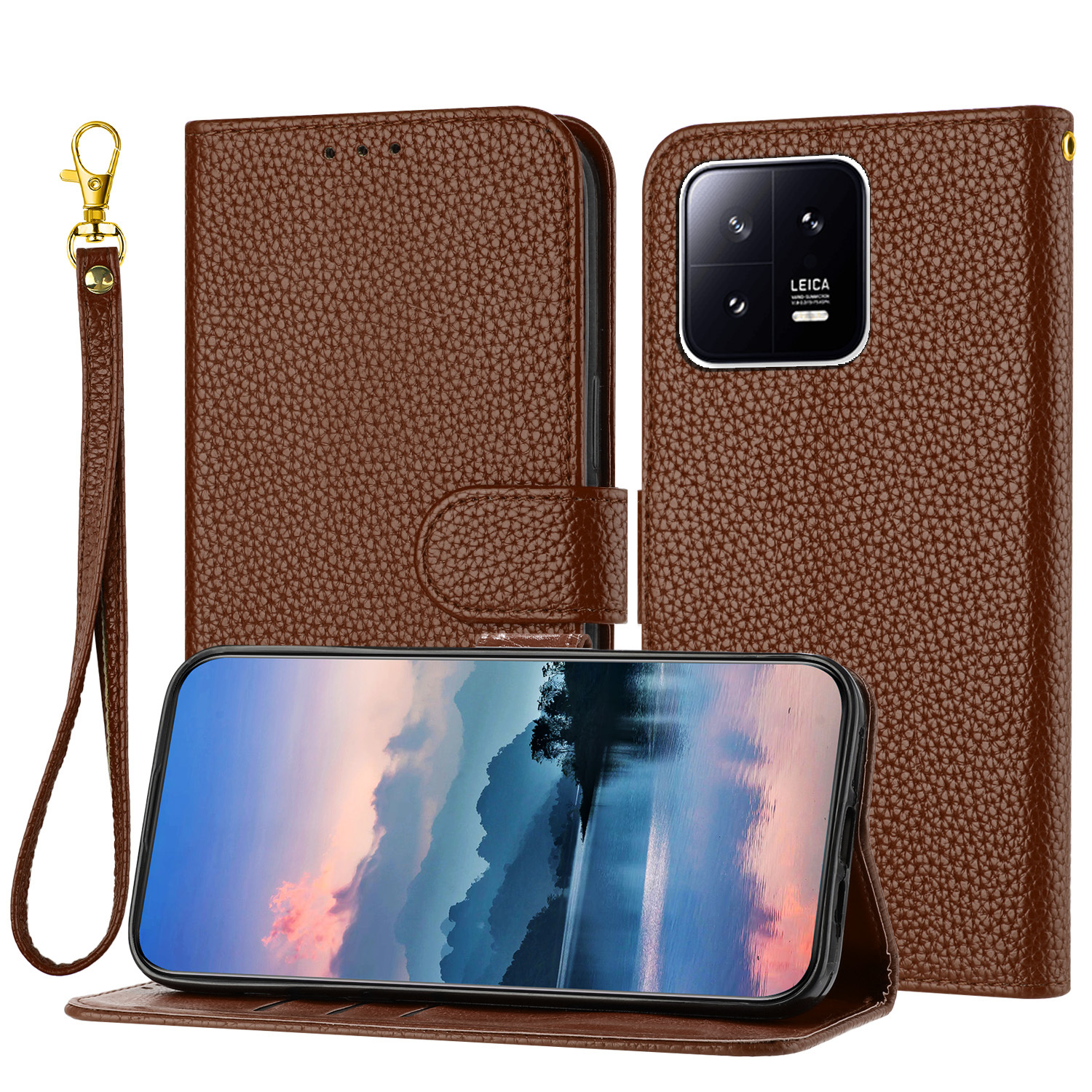 适用iPhone16皮套 三星S24纯色荔枝纹插卡钱包手绳A54壳15Pro