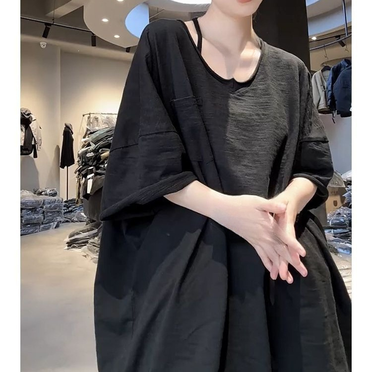 Plus-Size Women's Summer Stylish Loose-Fit Oversized Mid-Length T-Shirt, Fashionable Versatile Solid Color Top