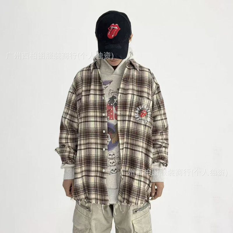 False Perception 26Ss Horseshoe Scroll Blood Tooth Washed Distressed Plaid Shirt Unisex False Perception 26Ss Horseshoe Scroll Blood Tooth Washed Distressed Plaid Shirt Unisex