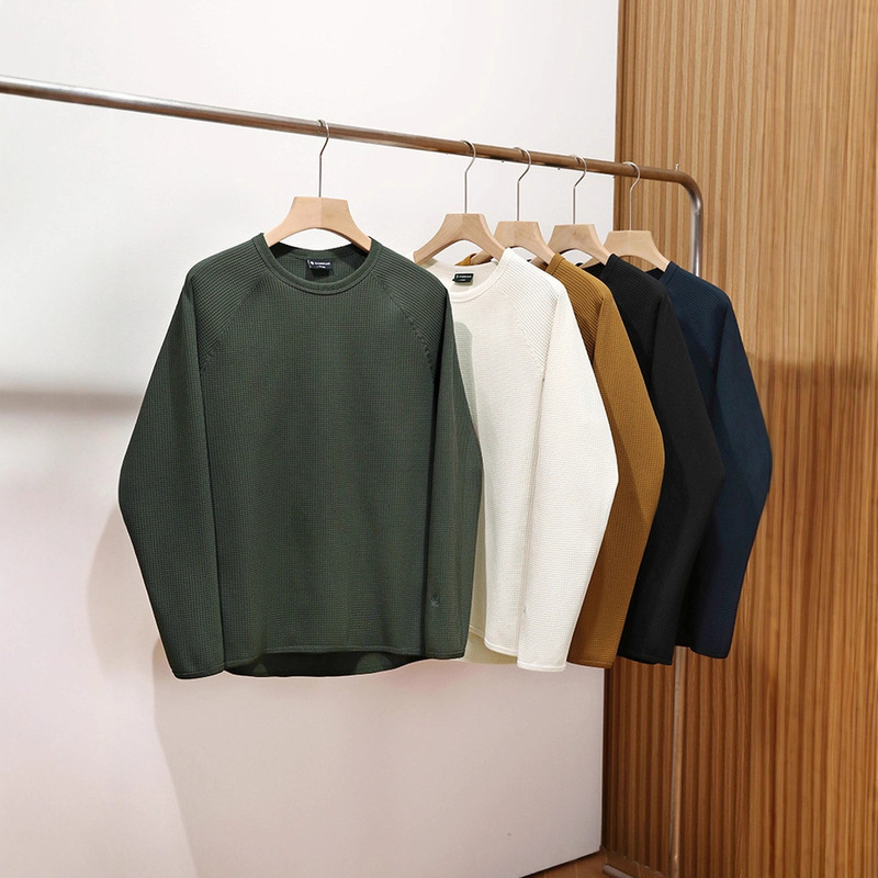 Premium Waffle! Lightweight, Crisp, Sweat-Absorbent, Quick-Drying Japanese-Style Outdoor Sports Men's Solid Color Raglan Sleeve Crew Neck Sweatshirt