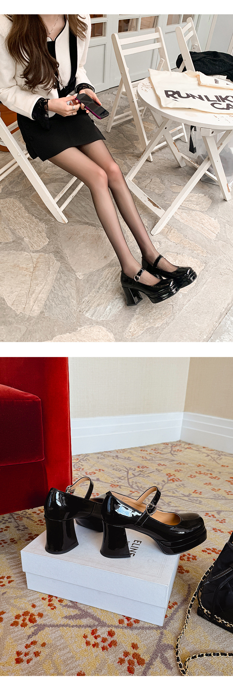 Giày cao gót Mary Jane đế xuồng mũi vuông phong cách cổ điển — Trần truồng hồng, màu đen, màu đỏ chi tiết 25