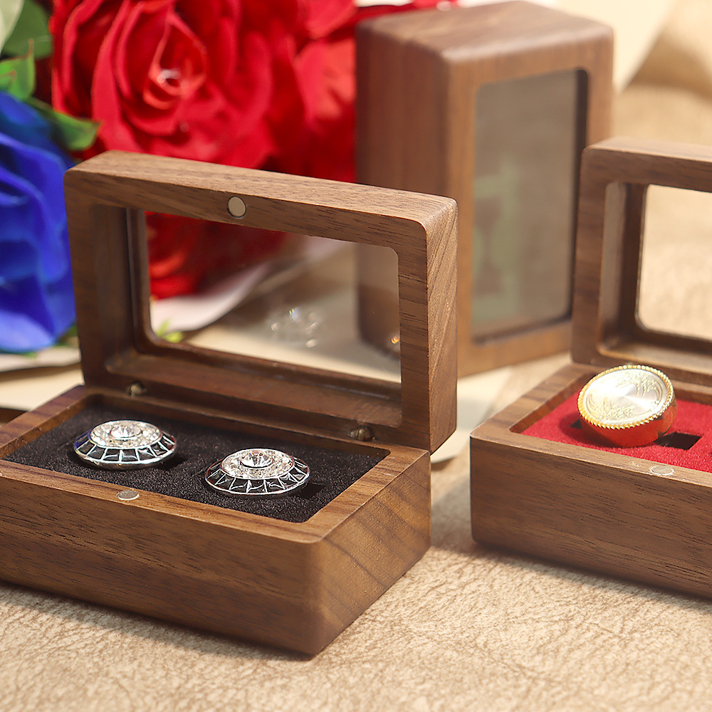 復古黑胡桃袖扣包裝禮盒套裝開窗袖釘法式袖扣嵌入式翻蓋透明禮盒