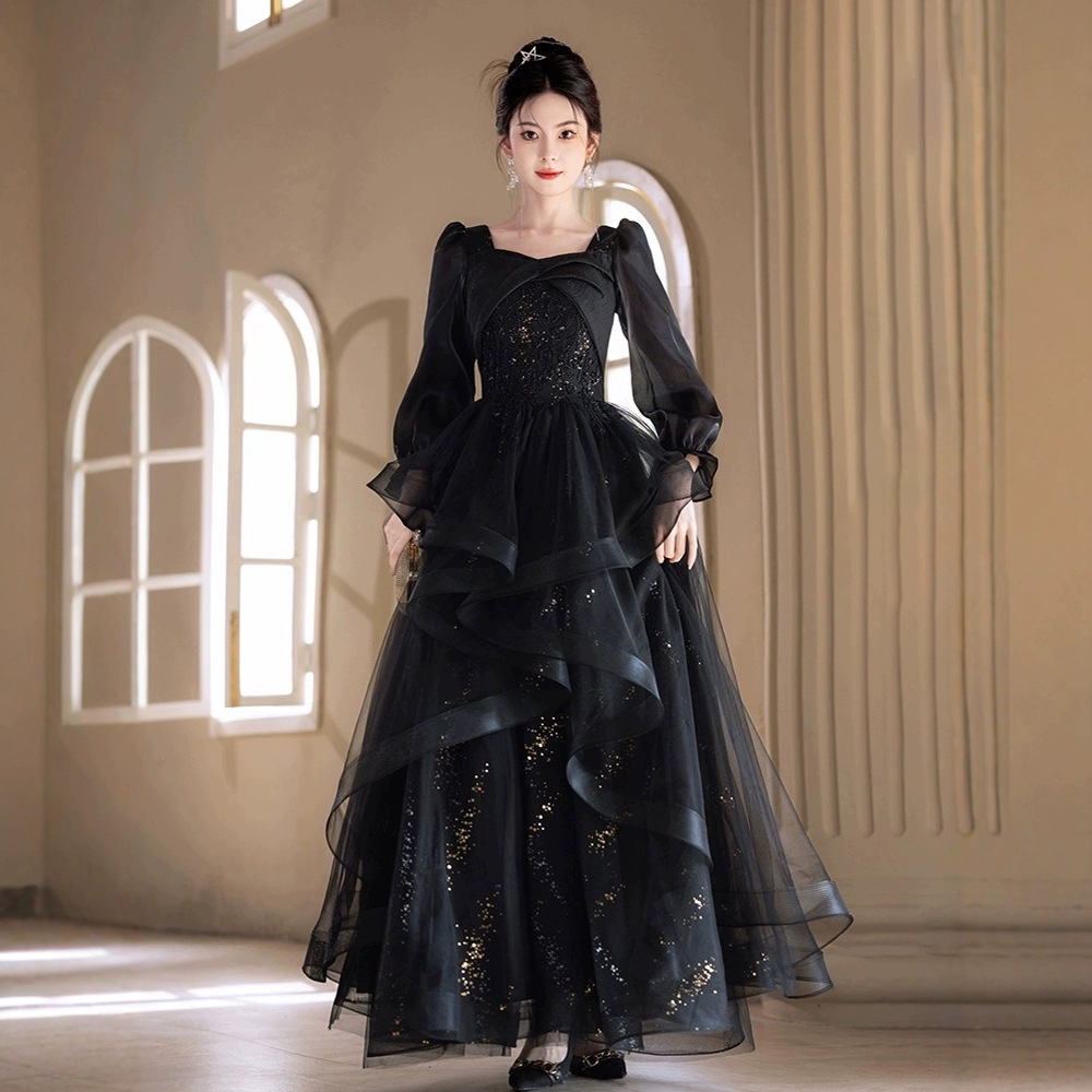 Black Evening Dress Women's High-end Light Luxury Annual Meeting Adult Ceremony Banquet Host High-end Party Dress Spring