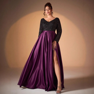 Amazon's New Black Satin Sequin Dress Summer V Neck Long-Sleeved Adult Host Dress Prom Evening Dress