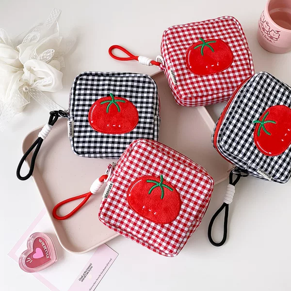 ins tomato plaid small square bag cosmetic lipstick bag multifunctional portable CCD camera sanitary napkin storage bag