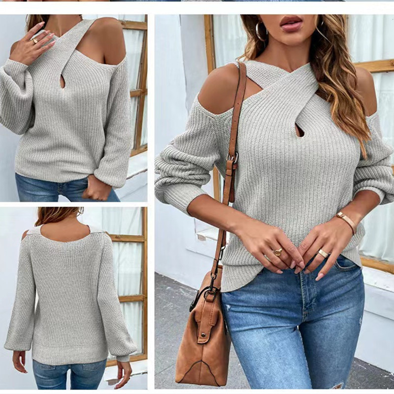 Women's new solid color off-the-shoulder cross backless collar lantern sleeve women's sweater_voghion.com