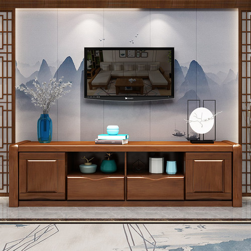 New Chinese style solid wood TV cabinet combination storage log modern simple rubber wood living room audio-visual cabinet furniture set