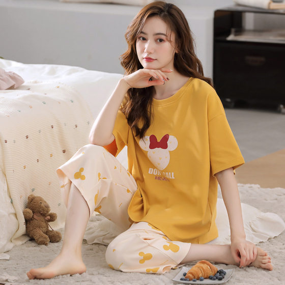 2025 Spring and Autumn Summer Cotton Double-sided Sweet Loving Casual Outer Wearing Round Neck Short-sleeved Capri Pants suit Home