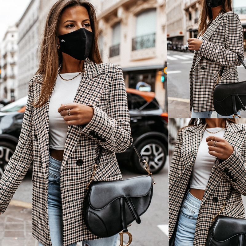 Spring and Autumn Cross-Border Supply British Style European and American Women's Blazer Collar Slim Fit Mid-Length Houndstooth Small Suit
