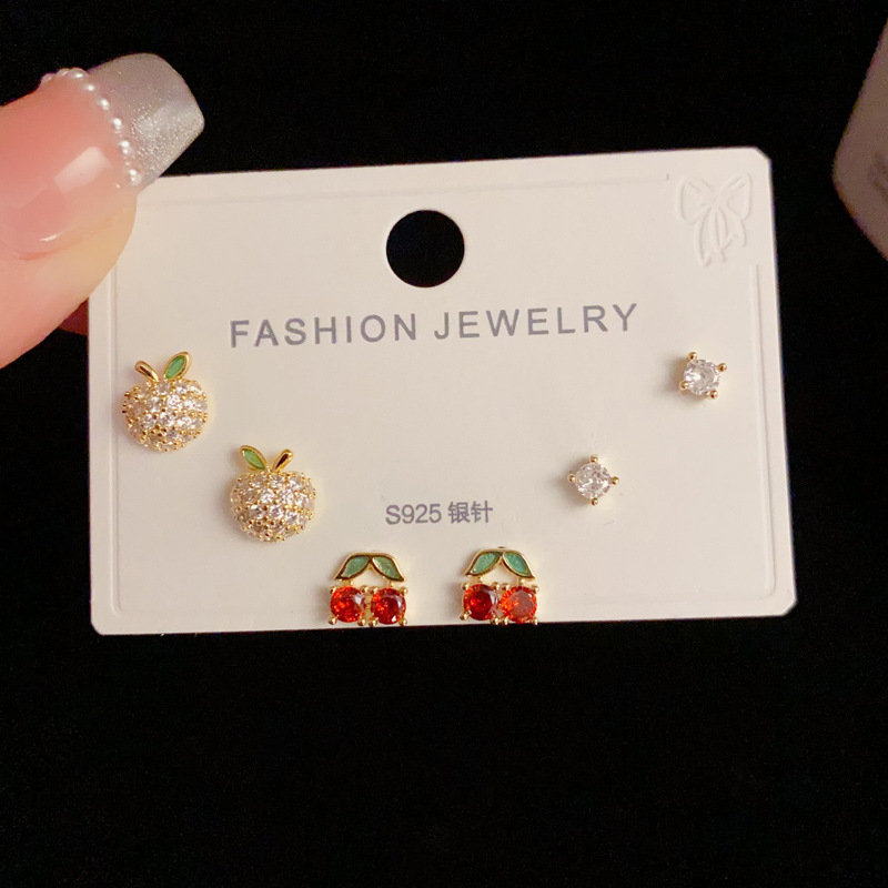 All Seasons Season 1 Set Cute Cherry Apple Copper Zircon Small Stud Earrings