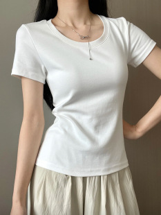 2025 summer new style slim-fit U-neck cotton T-shirt for women's casual and versatile white round neck short-sleeved top