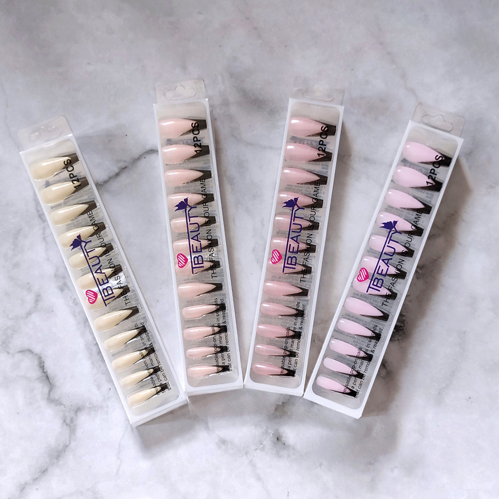 Parche de uñas postizas francés negro europeo y americano piezas de uñas para uñas 12 piezas de uñas portátiles superlargas en caja de plástico al por mayor nails
