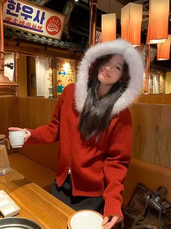 25 秋と冬の新しいフード付きショートファッショナブルなニットカーディガン小柄な女性のための模造キツネの毛皮の襟のコートセーター|undefined