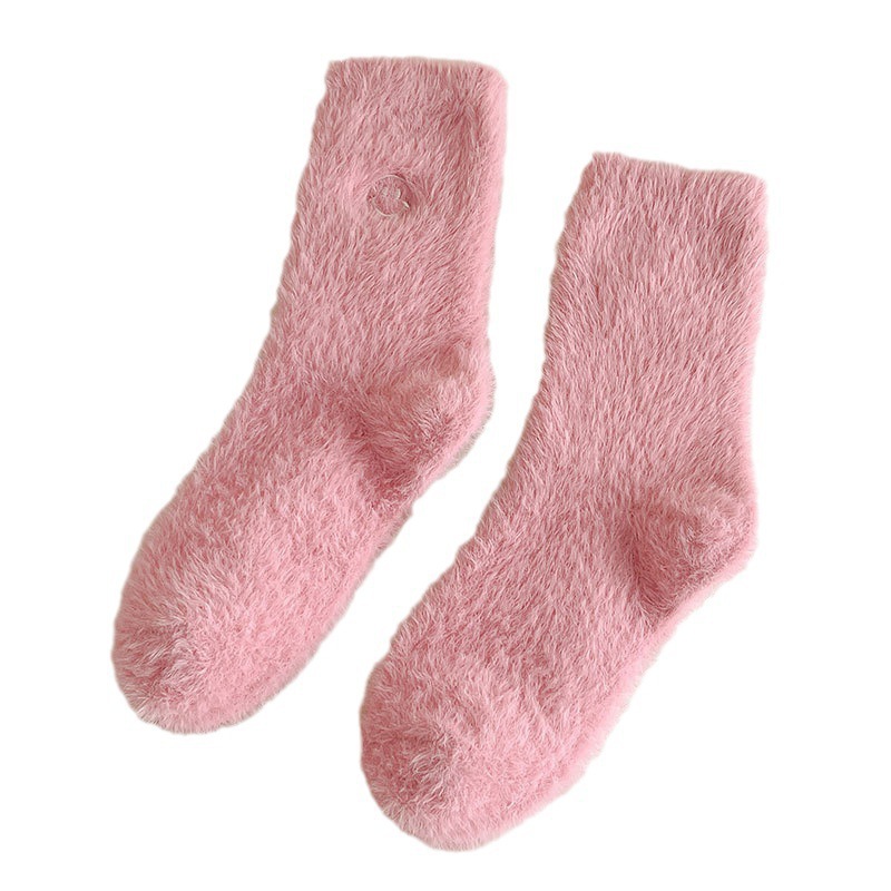 2PCS Winter New Pink Embroidered Smiling Face Mink Fleece Women's Mid length Socks with Thickening and Extra Soft Moonlight_voghion.com