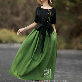 赫轩原著原创民族风棉麻连衣裙春夏女装文艺复古撞色气质长裙显瘦