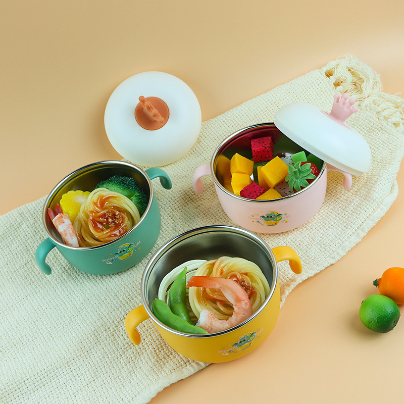 Crown Cartoon Food Bowl Kidsren's 304 Stainless Steel Tableware with Handle for Eating Baby Baby Twist Spoon Set