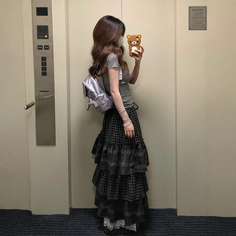 Original Version of Gray Heavy-Duty Splicing Cake Plaid Skirt for Women Retro Fluffy Design Autumn and Winter Long Skirt
