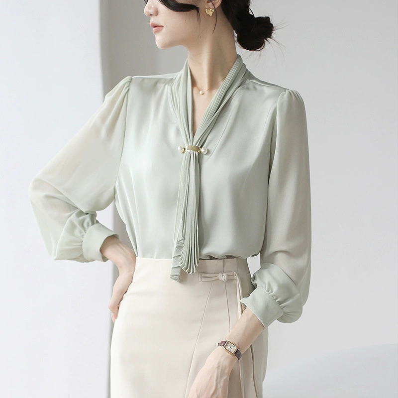 Ретро нишевые стримеры с длинными рукавами рубашка женская весна и осень 2025 новый французский нежный профессиональный топ