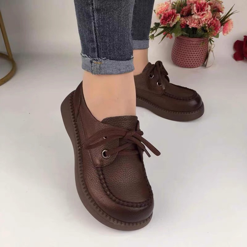 Zapatos de mujer de cuero cosidos a mano en otoño, zapatos retro de suela suave de una sola capa de cuero de vaca, zapatos de cuero casuales variados