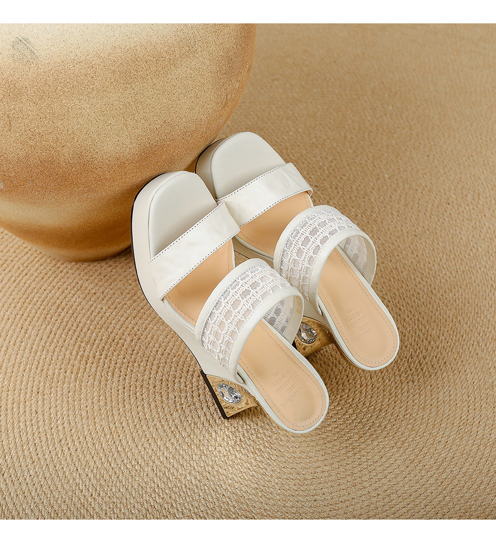 Sandal cao gót nữ đế xuồng mũi vuông đính đá quai ngang — màu đen, màu trắng ngà chi tiết 17