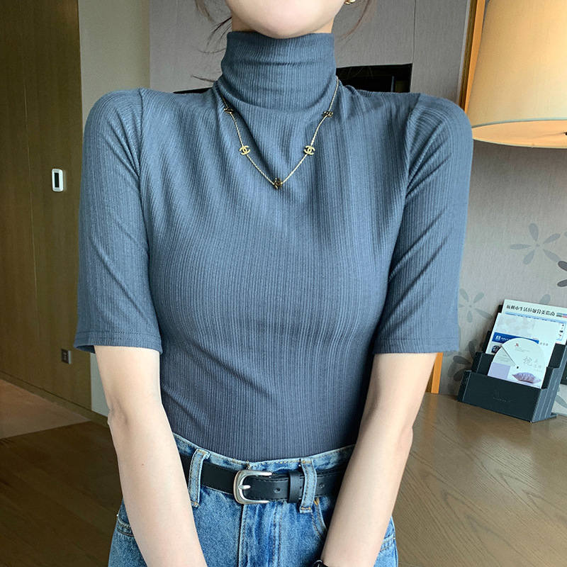 H342 生放送人気半袖 Tシャツ新しい女性のトップスハーフタートルネック五分袖サンシェードボトリングシャツ服女性のための|undefined