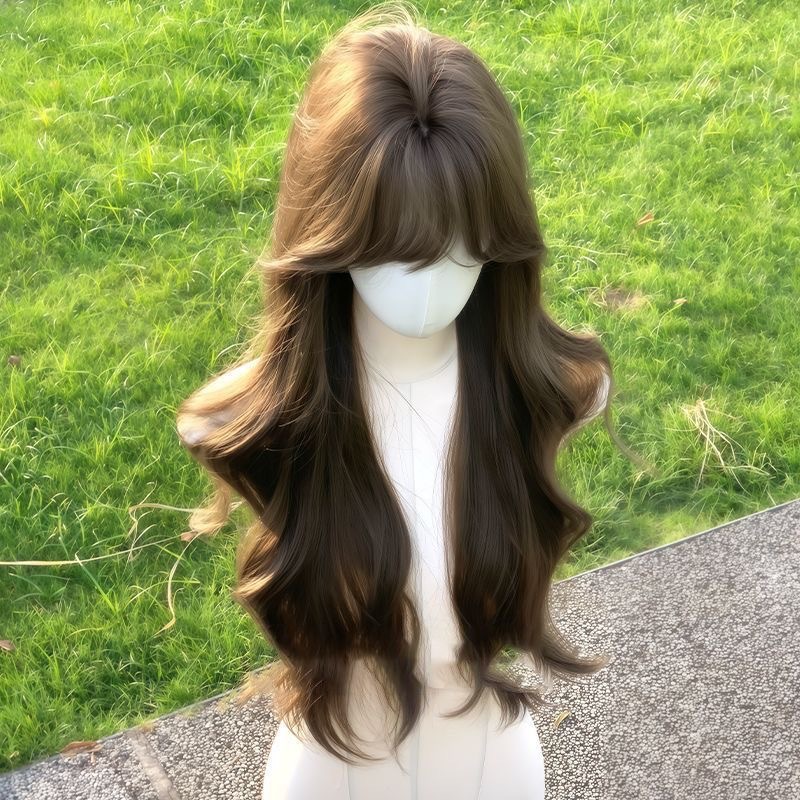 【إشارة الحب】شعر مستعار كوني للنساء، غرة، طراز كوري طبيعي حلو، شعر مموج طويل للرأس بالكامل.