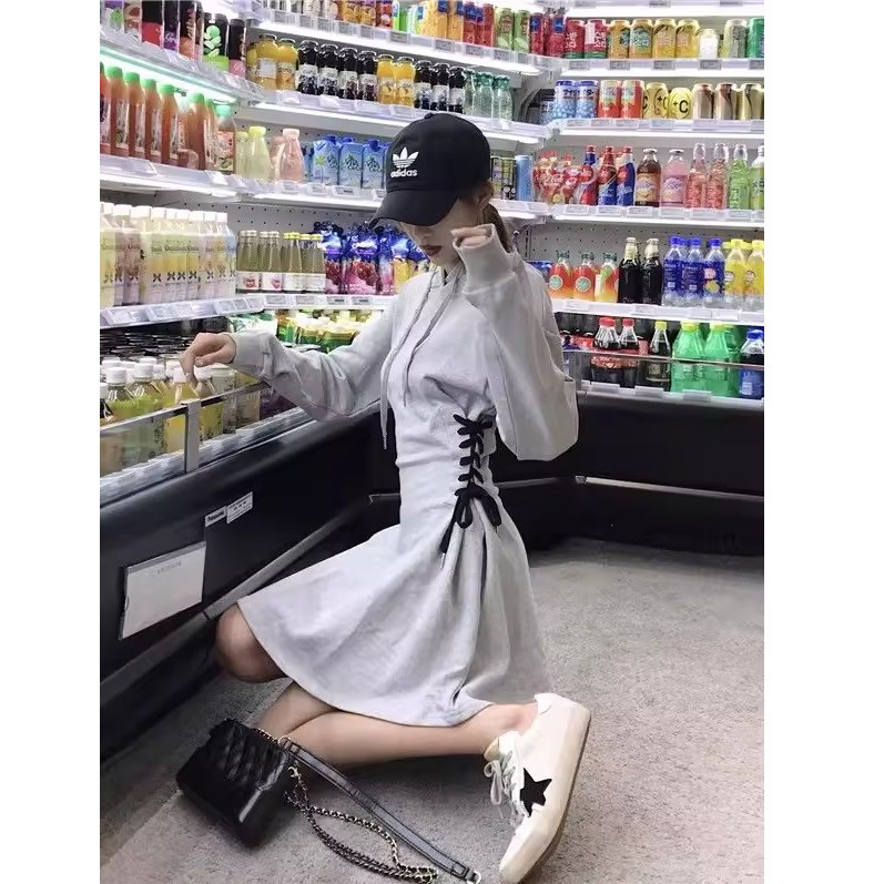 绑带收腰连帽长袖连衣裙女春秋中长款卫衣裙2025新款复古甜酷短裙|undefined