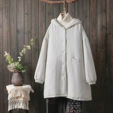 外贸2025秋冬季新大码棉麻连帽中长款棉服加厚保暖文艺冬外套女装