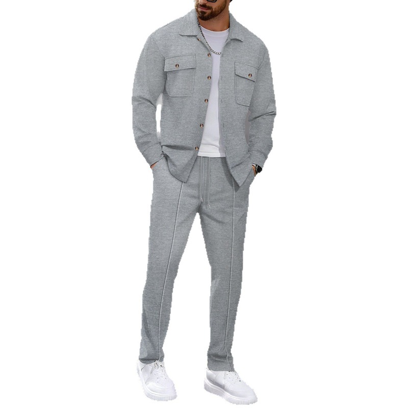 Completo da uomo autunnale con maniche a waffle, pantaloni lunghi, giacca casual con doppia tasca, camicia da lavoro, stile transfrontaliero europeo e americano._voghion.com