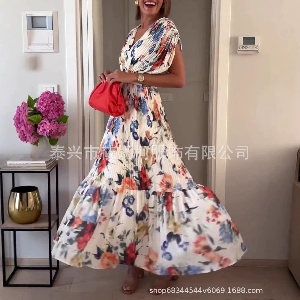 Amazon внешняя торговля новый темпераментный v-образный печатный плиссированный платье европейская и американская длинная юбка для отдыха летом
