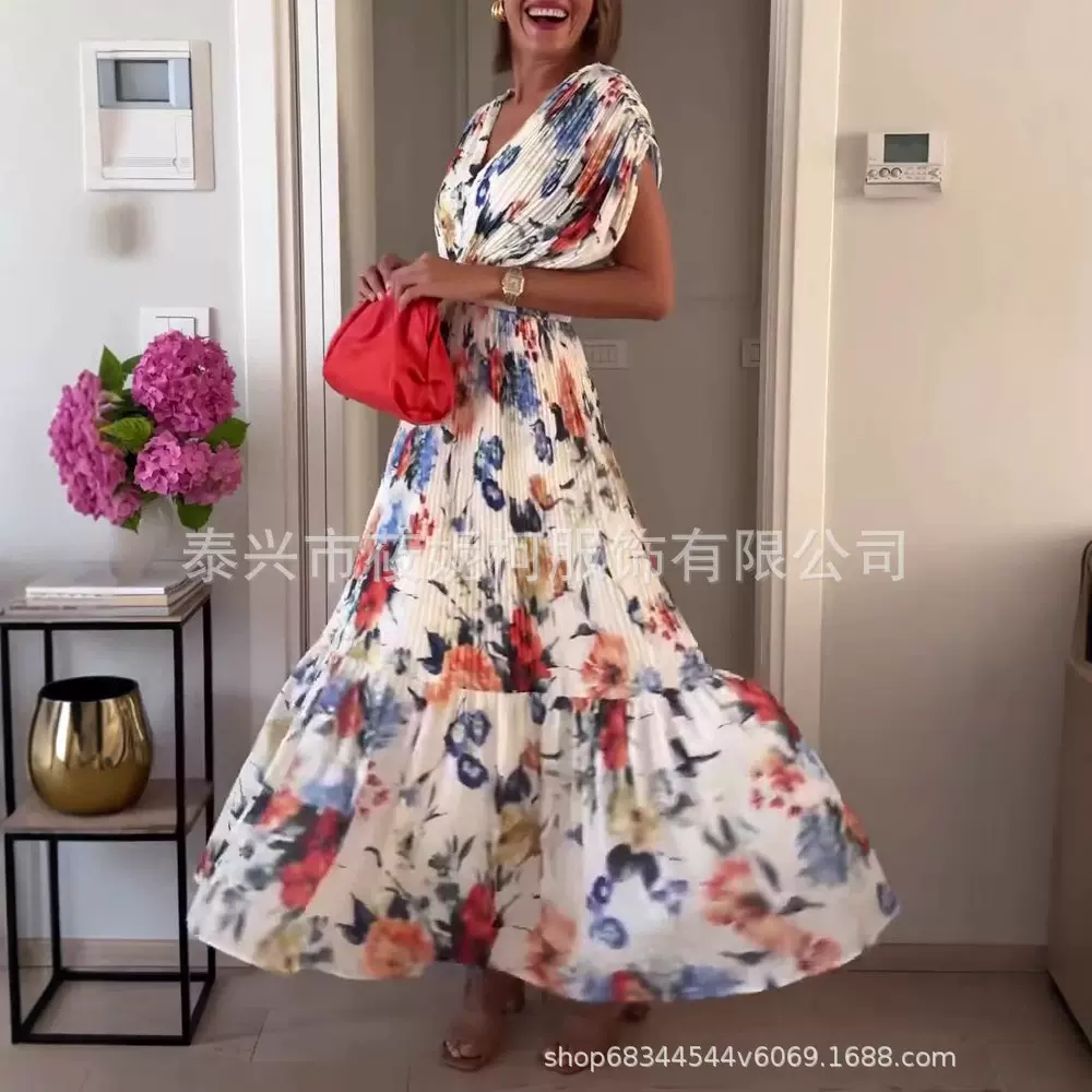 亚马逊外贸新款气质v领印花压褶连衣裙欧美大摆长裙度假夏季