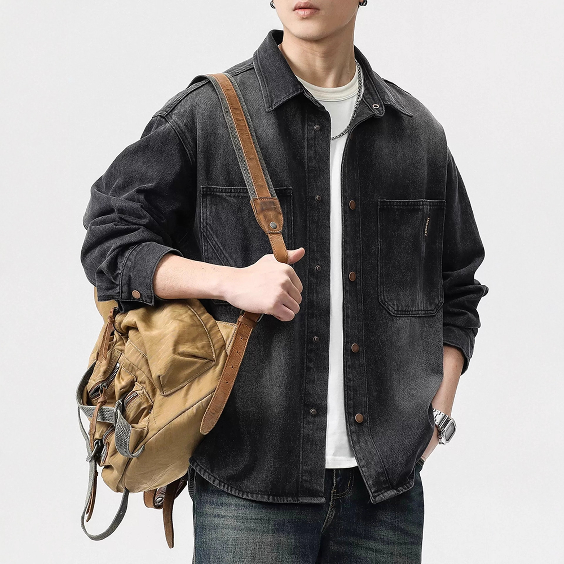 Workwear Denim Jacket Men's Spring Autumn New Long Sleeved Shirt Trendy Brand Retro Denim Jacket Men_voghion.com