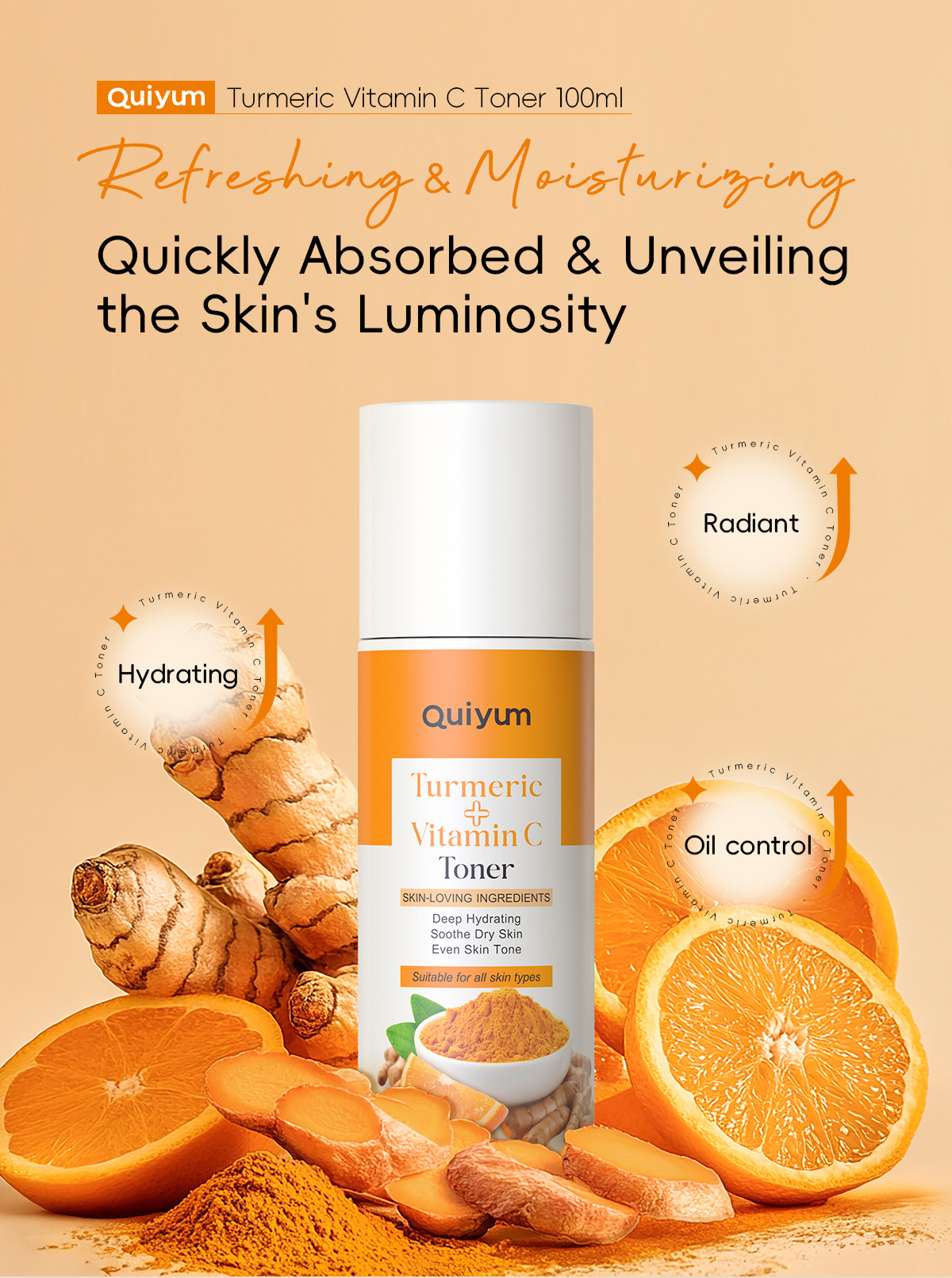 Cross-border new product QUIYUM Turmeric Vitamin c Toner 100ml for hydrating and moisturizing the face is available for wholesale from the manufacturer undefined