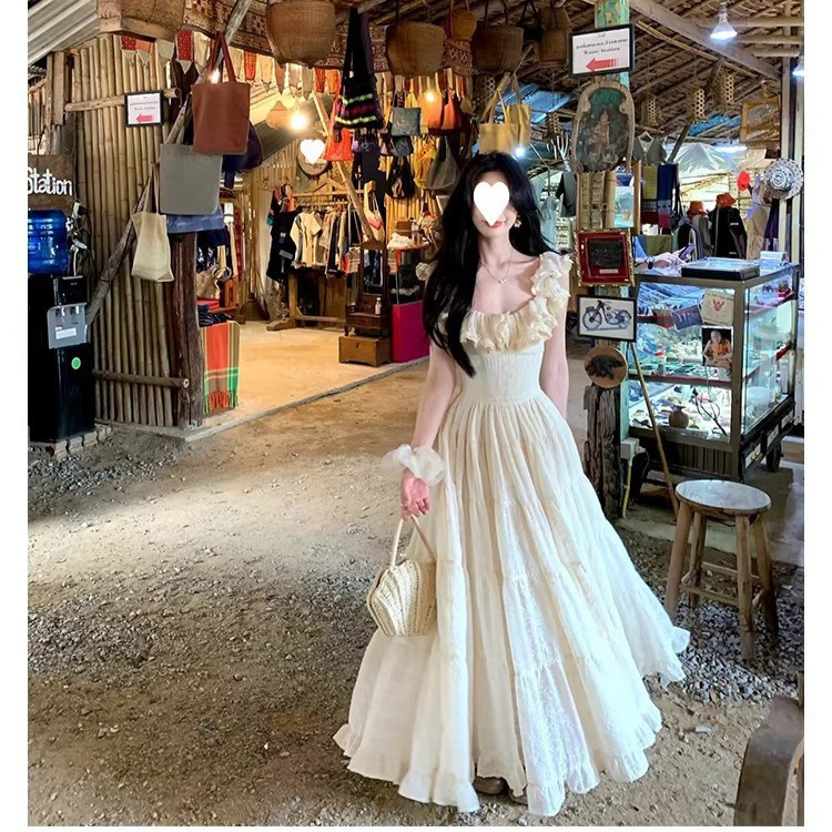 A Sweet Peach-Colored Yikett Santorini Heavy-Duty Super-Large Hem Strap Waist-Cinching Dress for Women, Vacation Dress A Sweet Peach-Colored Yikett Santorini Heavy-Duty Super-Large Hem Strap Waist-Cinching Dress for Women, Vacation Dress