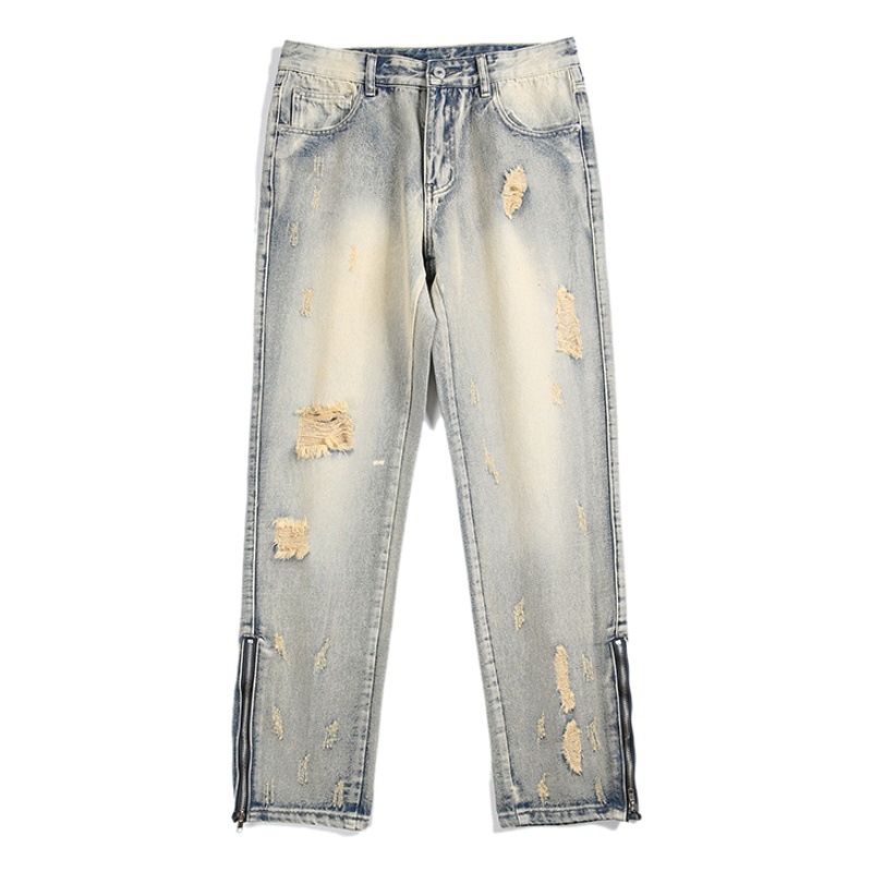 Lktm hombres # High Street ripped jeans de los amarillo barro teñido marca moda americana suelta recta Retro lavado Pantalones