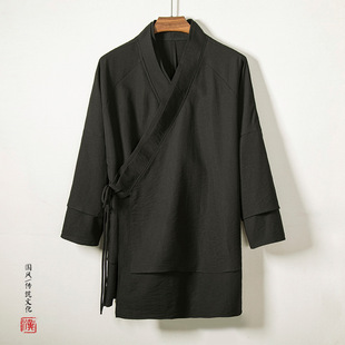2022 autumn and winter New Chinese style men's cotton and linen solid color improved Hanfu youth loose robe casual coat men