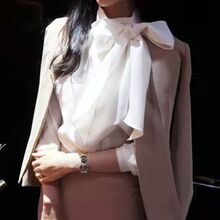 2025春秋韩版宽松百搭蝴蝶结系带打底衬衫OL职业上衣雪纺衫女长袖