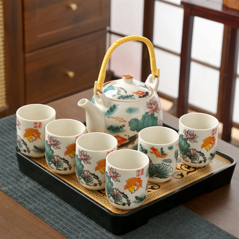 Tetera, bandeja para té, porcelana azul y blanca, tetera de kung fu con asa, juego de té para el hogar, bandeja, una tetera y seis tazas, mesa de té, ceremonia del té.
